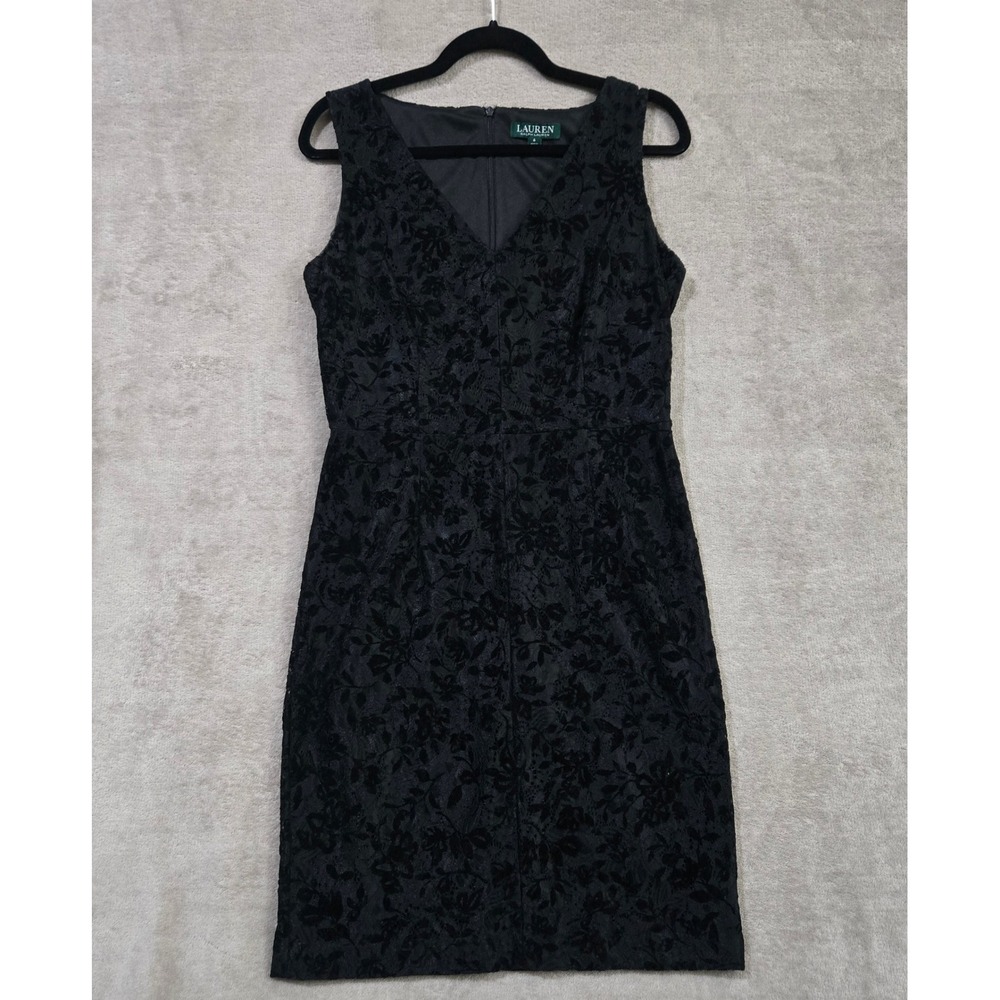 Lauren Ralph Lauren Velvet Floral Sheath Dress 6 Little Black Cocktail Holiday